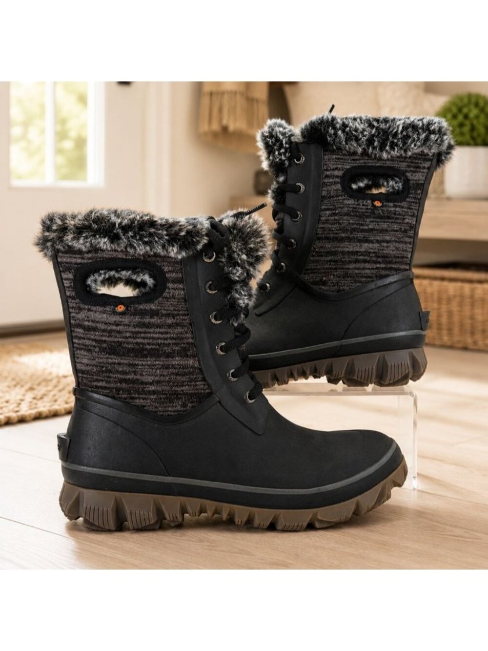 Bogs Arcata Knit Womens 11 Waterproof Winter Boots Faux Fur Lined Black Gray